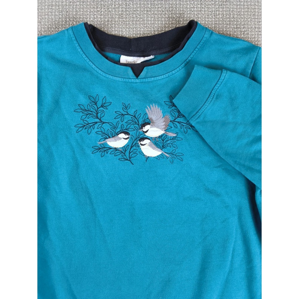 Vintage Breckenridge Teal Double Collar Sweatshirt Bird Chickadee Embroidered L